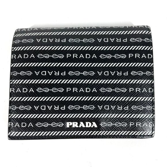 PRADA 1MV204 Logo pattern Compact wallet Folded wallet Leather Black/White - Picture 1 of 11